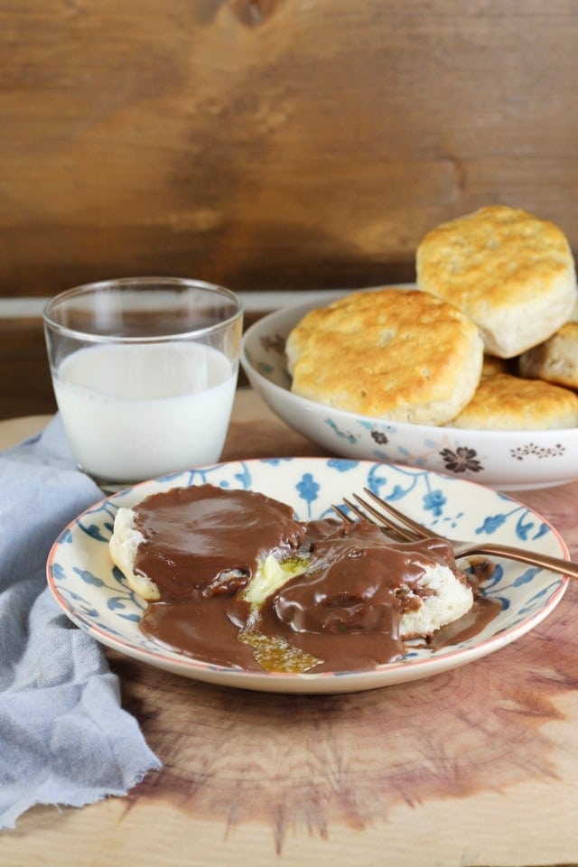 Homemade Chocolate Gravy is one of my all- time favorite breakfasts from childhood. It's the perfect weekend treat and chocolate for breakfast is always a great idea! From MissintheKitchen.com
