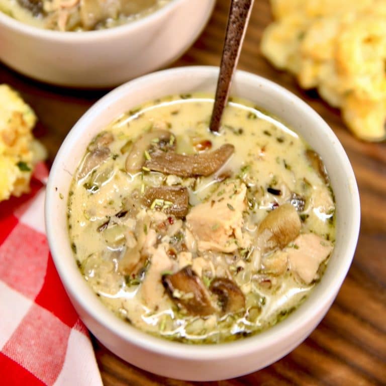 Creamy chicken wild rice soup in a bowl.