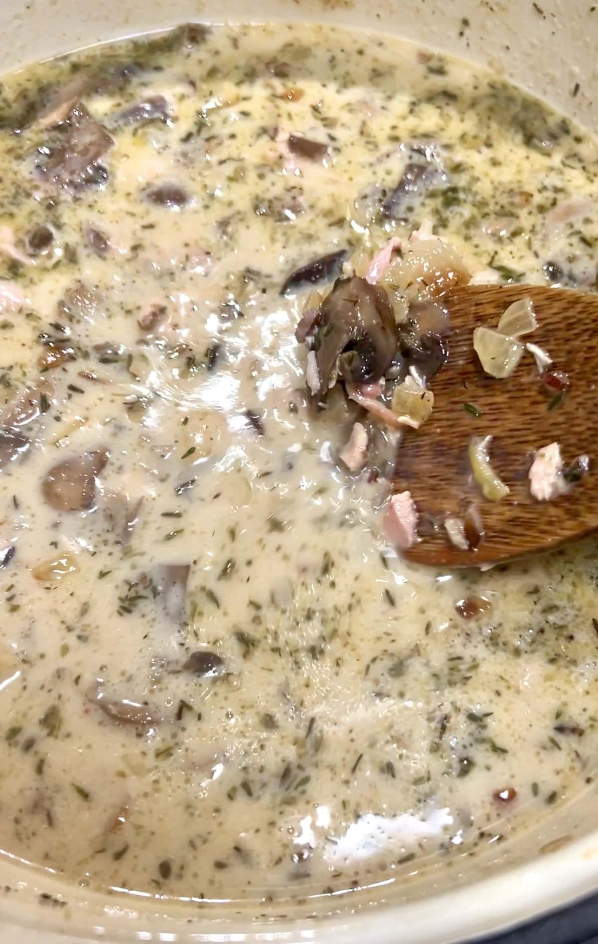 Pan of cream chicken wild rice soup.