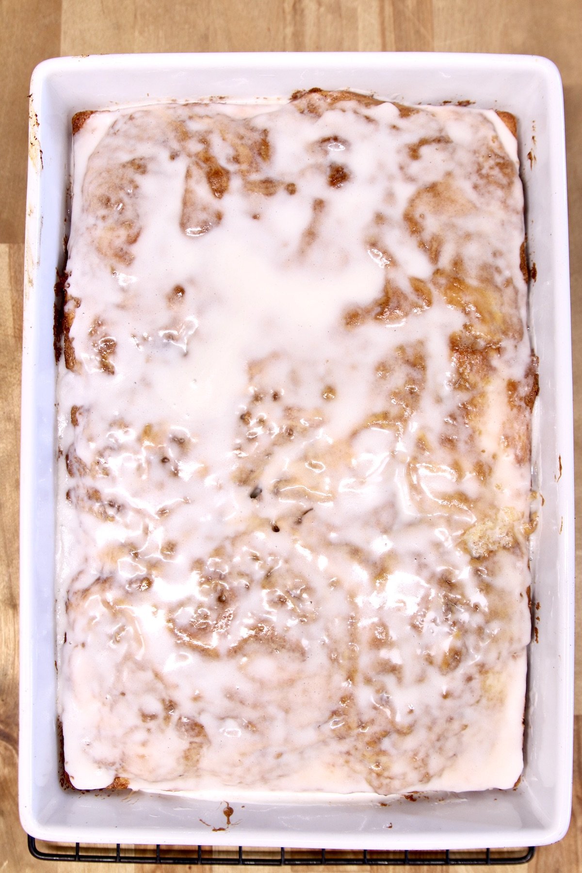 iced coffee cake in a 9 x 13 cake pan