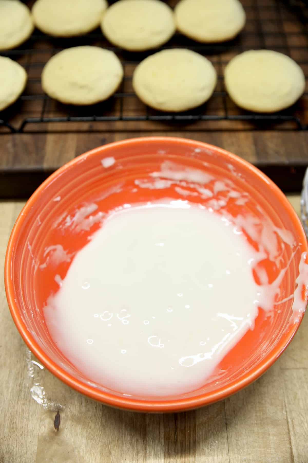 Bowl of powdered sugar icing for cookies.