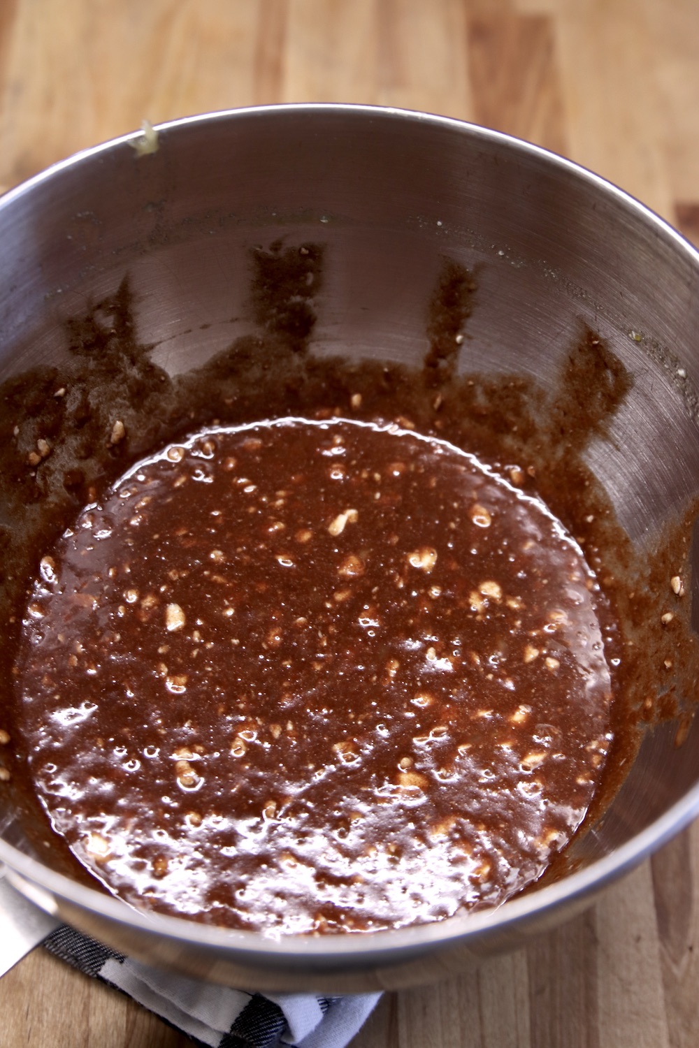 chocolate banana bread batter in a mixer bowl