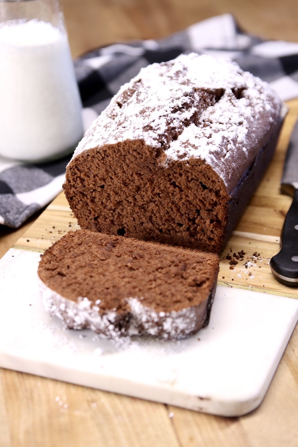 Chocolate Banana Bread with one slice off the end