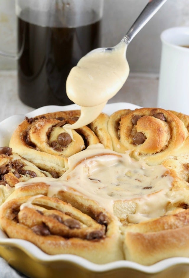 Chocolate Chip Sweet Rolls with Peanut Butter Icing Recipe from MissintheKitchen.com