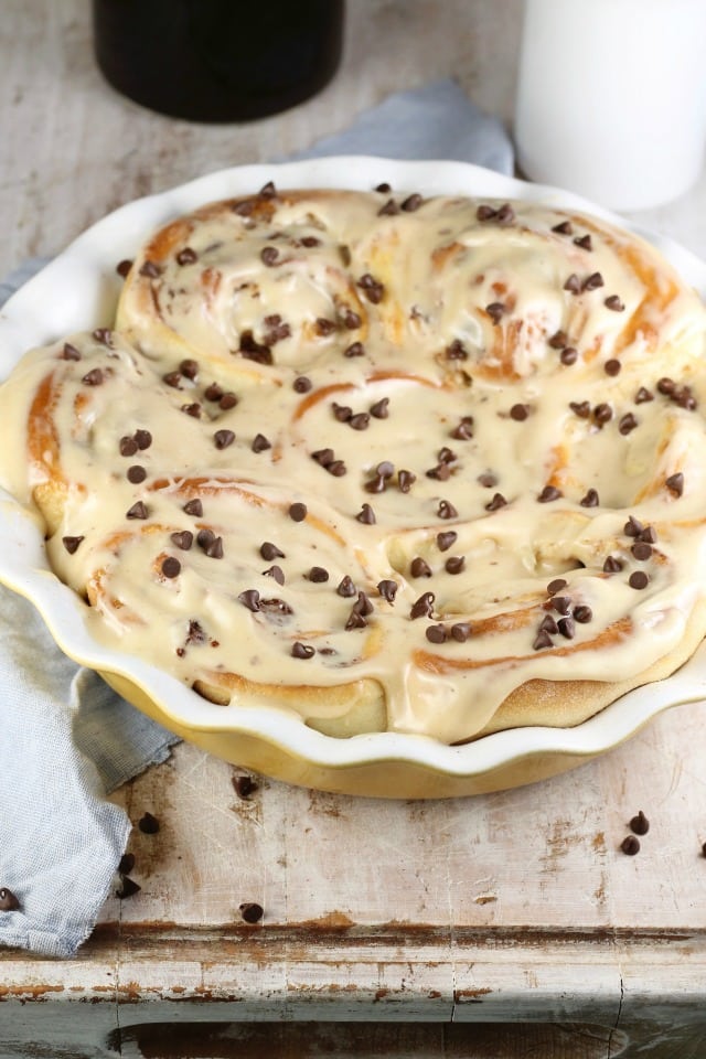 Chocolate Chip Sweet Rolls with Peanut Butter Icing Recipe | MissintheKitchen.com ~ Delicious weekend breakfast treat!
