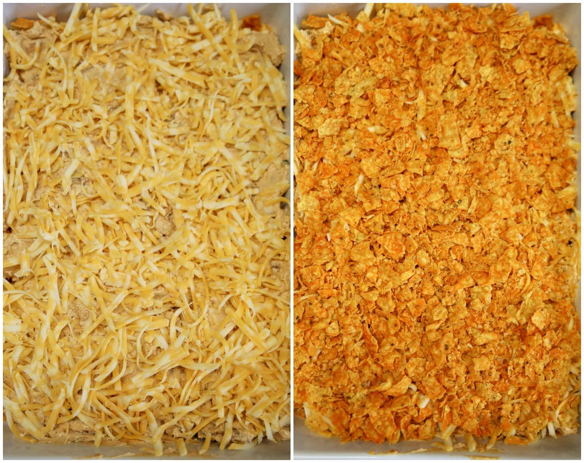 Collage of chicken casserole/topped with crushed Doritos.
