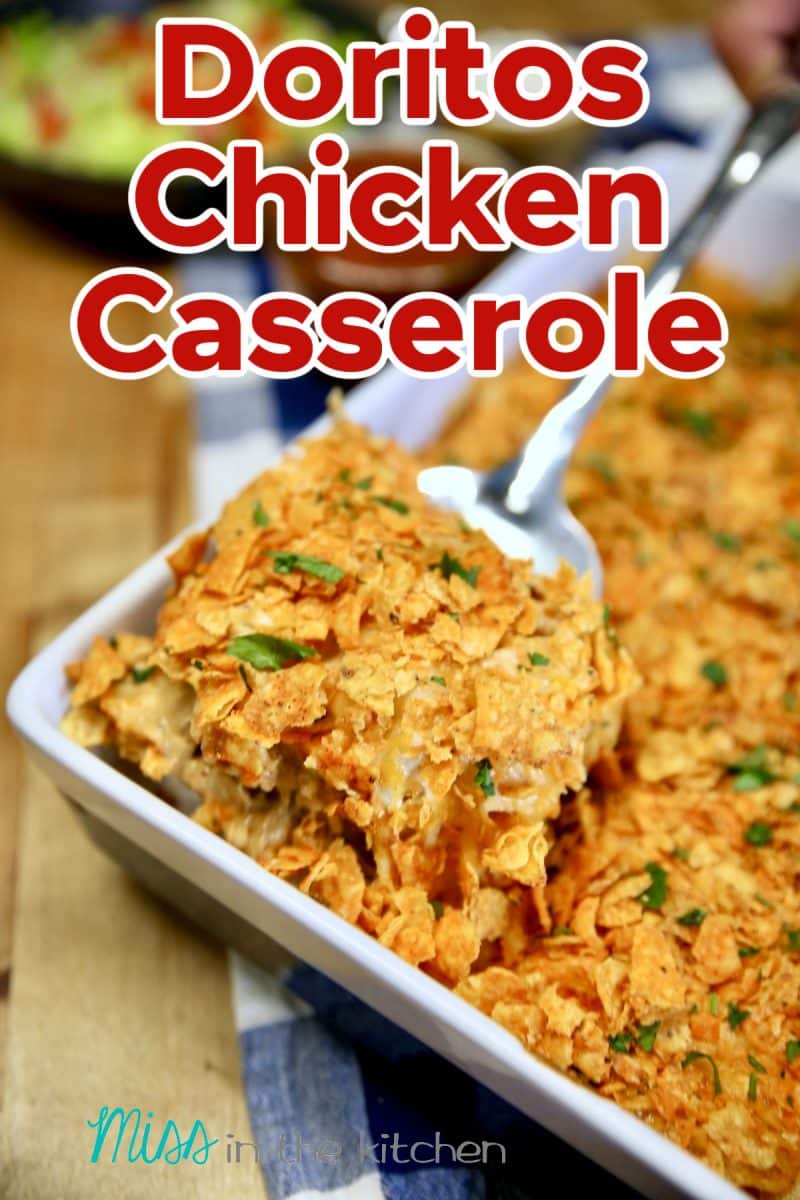 Doritos chicken casserole on a spatula, text overlay.