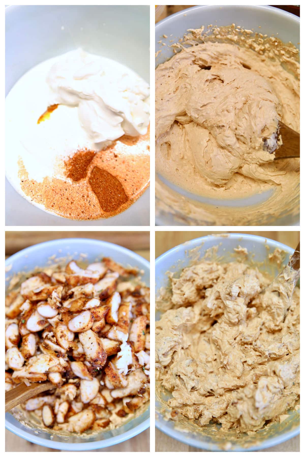 Collage making creamy chicken filling for casserole.