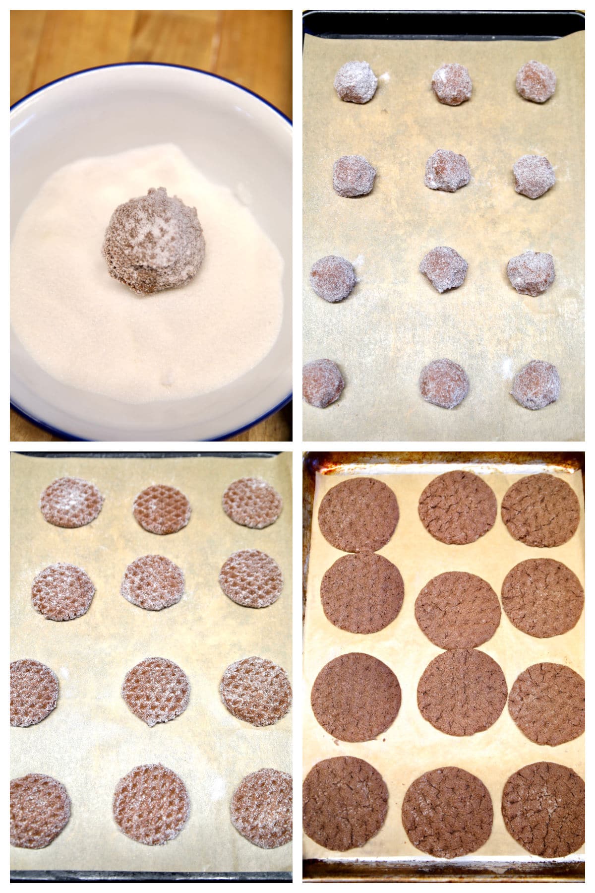 Collage rolling chocolate cookie dough in sugar, on baking sheet, baked.