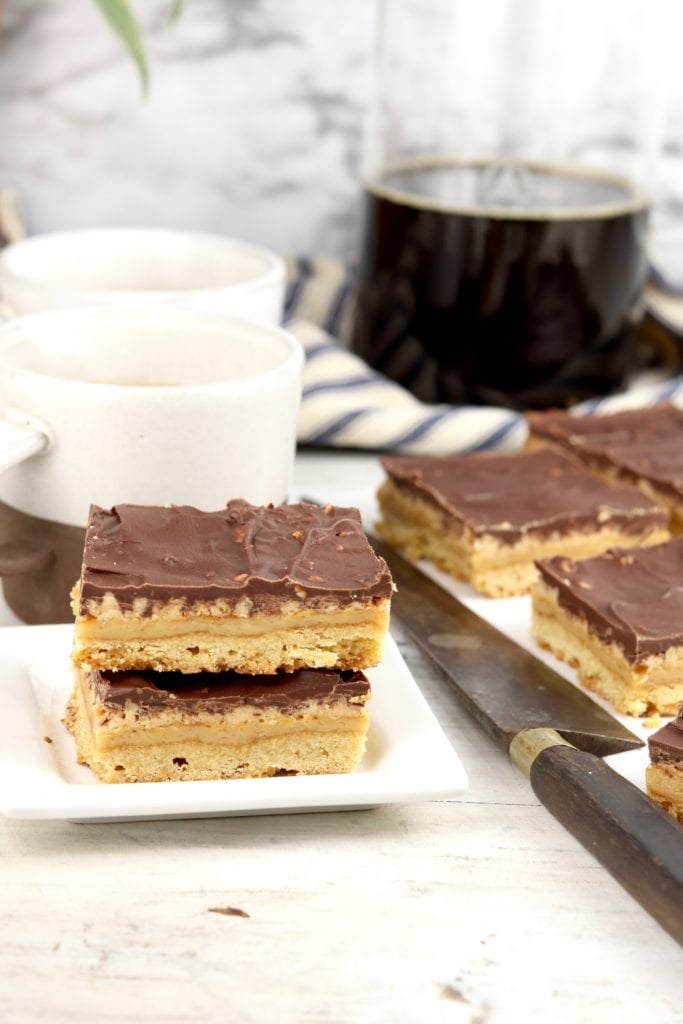 Chocolate Toffee Bars with coffee cups and French Press