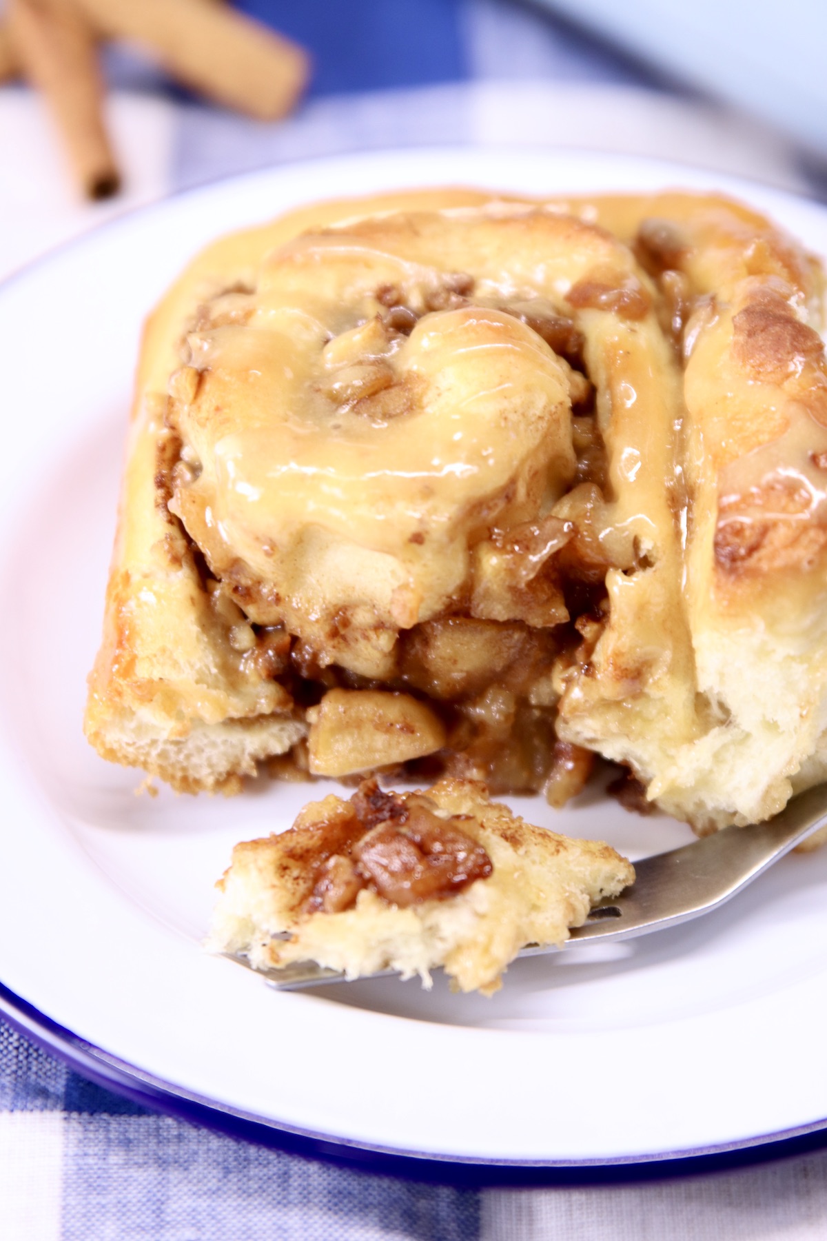 close up of apple cinnamon roll - filling showing
