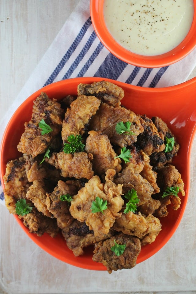 Chicken Fried Steak Bites with Country Gravy Recipe from MissintheKitchen.com