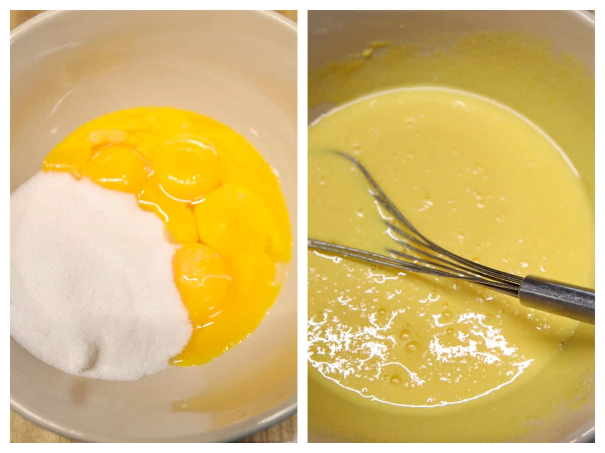 Collage of beating egg yolks with sugar for eggnog.