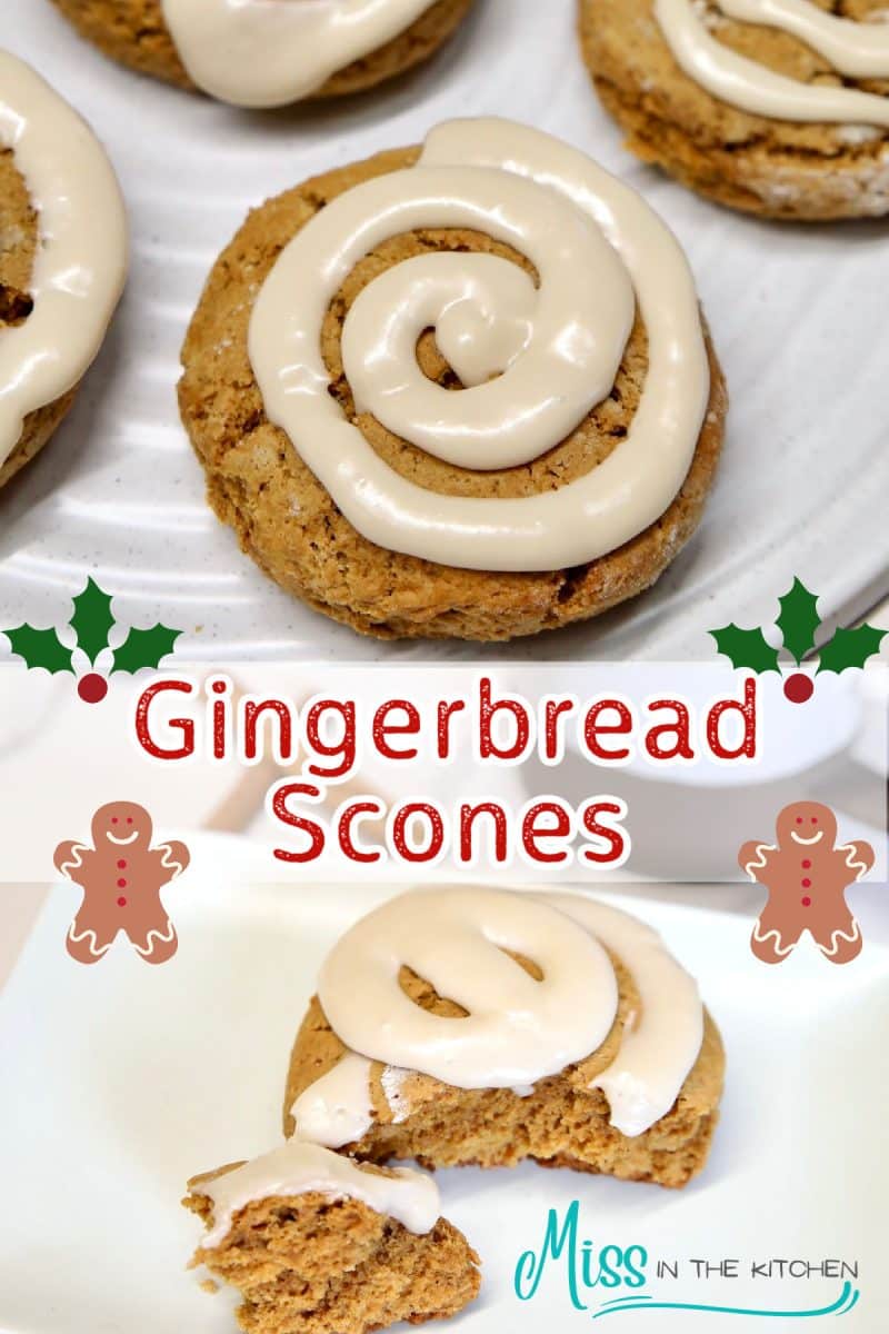 Gingerbread Scones collage: on a platter, cut in two.