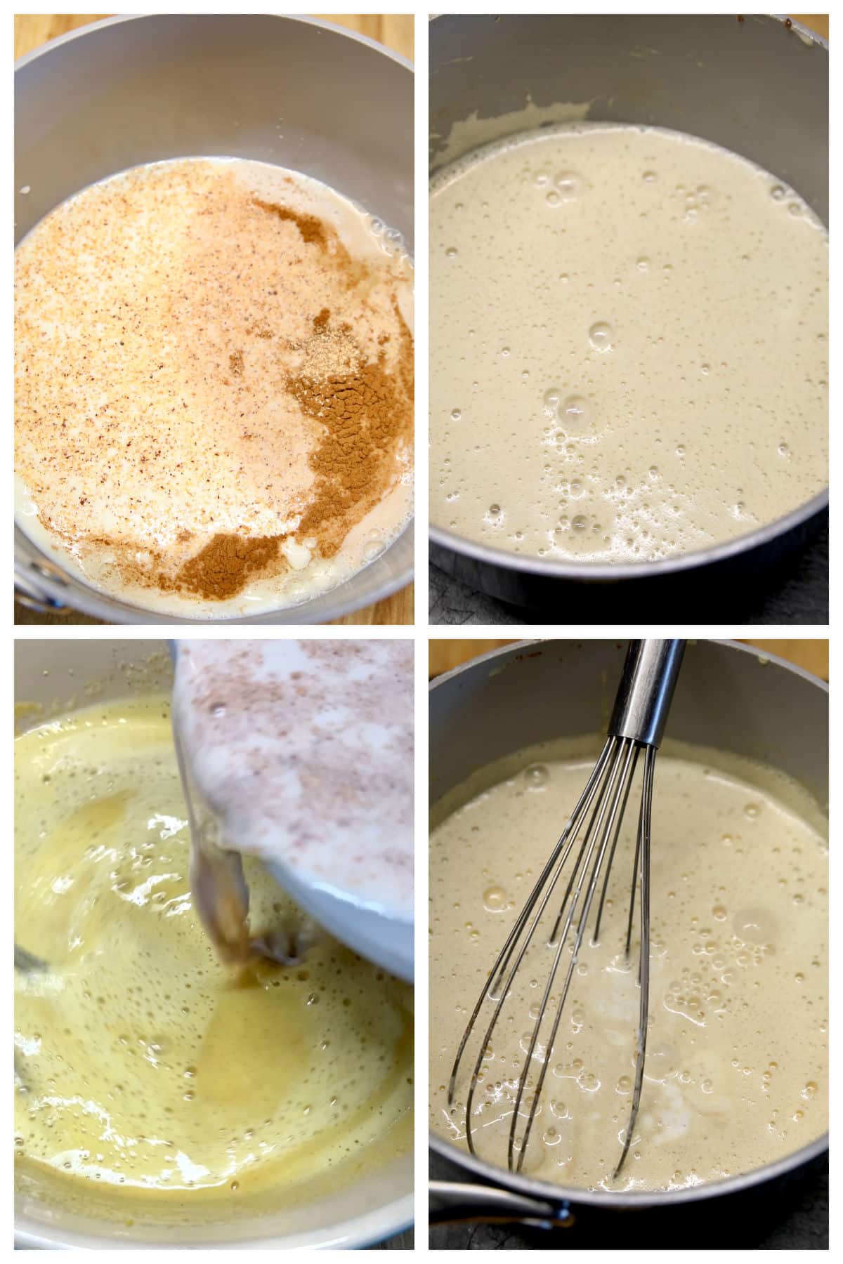 Collage making eggnog with cinnamon and nutmeg.