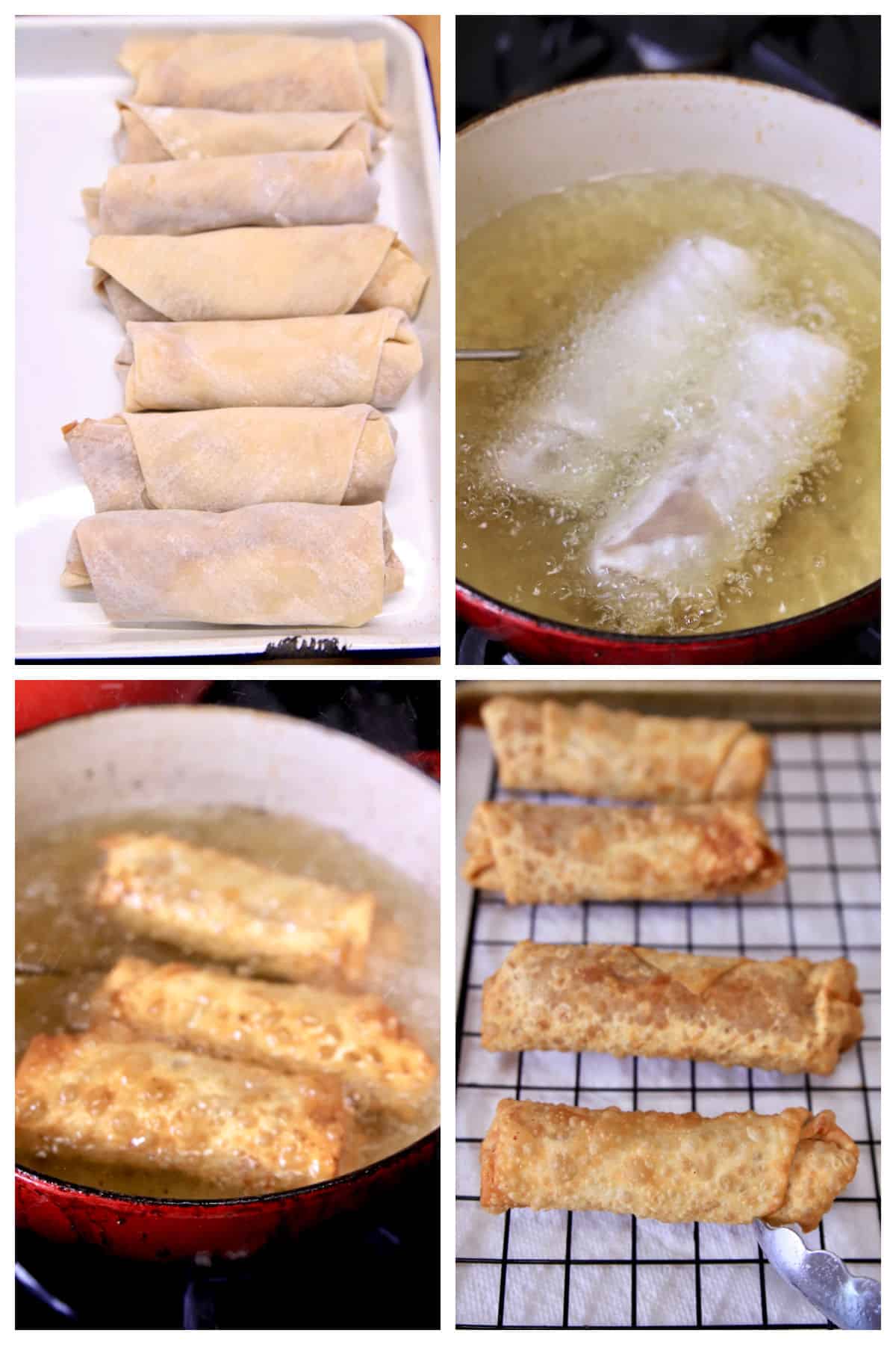 Collage frying apple pie egg rolls.