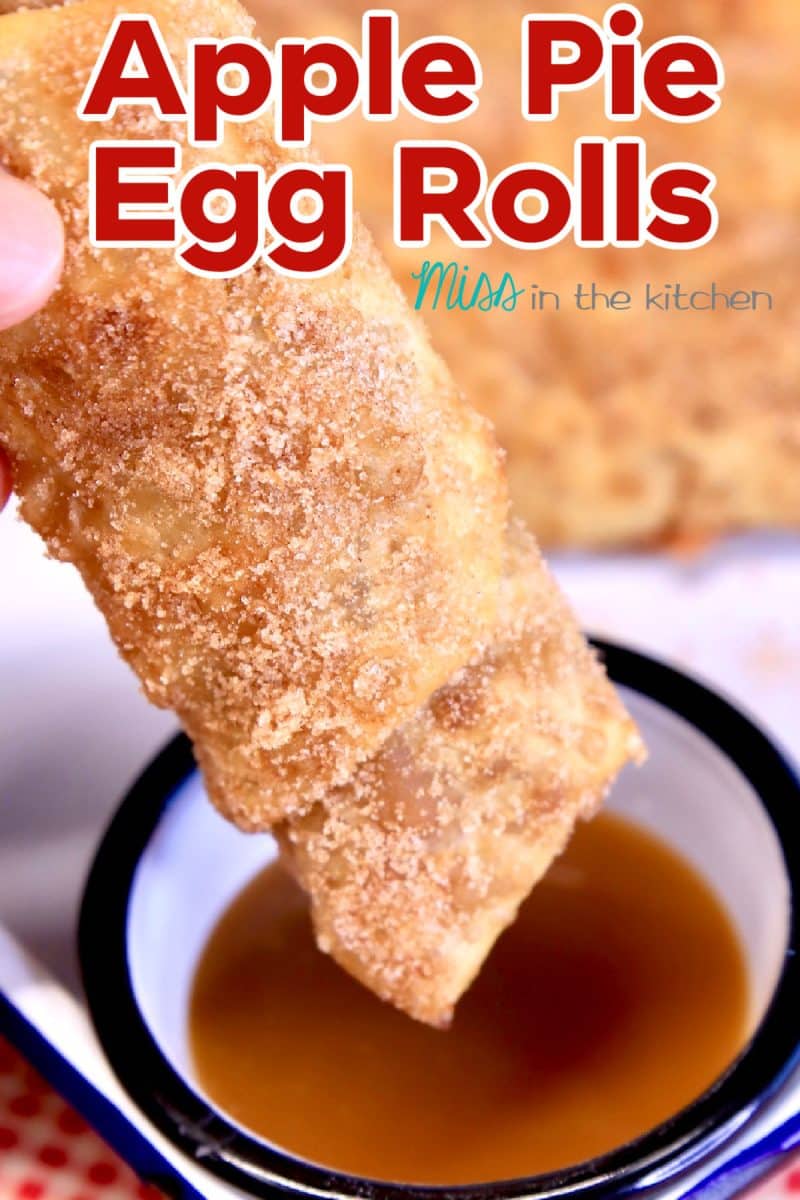 Dessert egg roll dipping into caramel sauce. Text overlay.