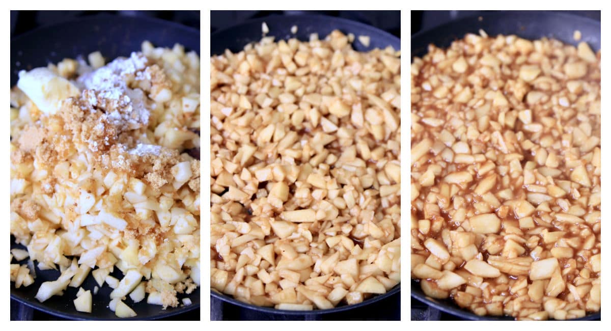Collage: cooking apples with cinnamon, brown sugar in a skillet.
