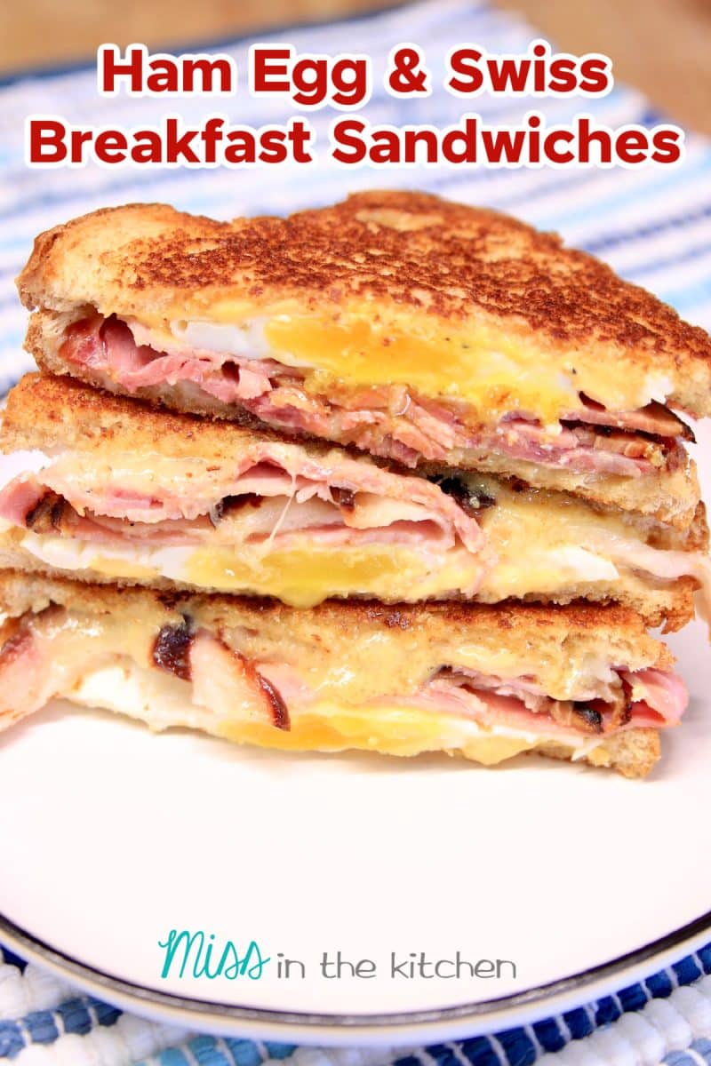 Breakfast sandwiches, stacked. Text overlay.
