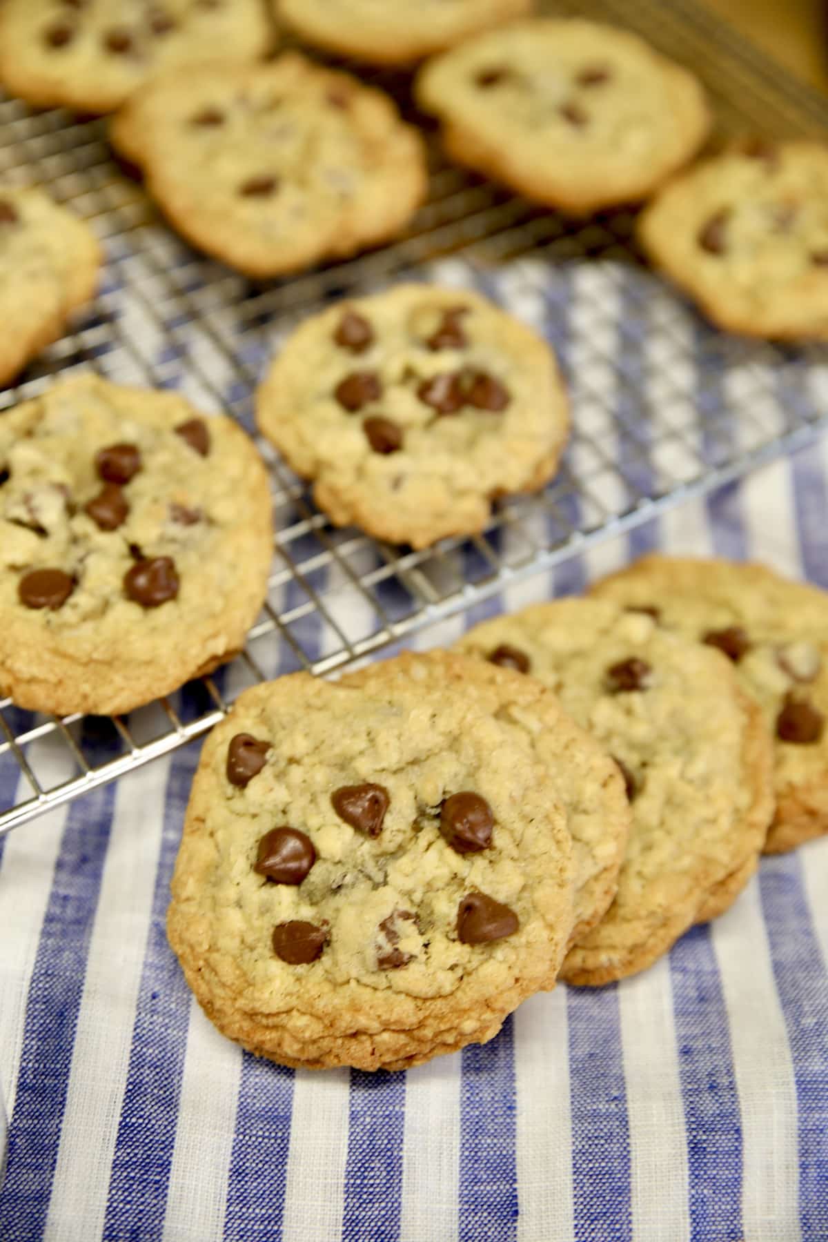 Chocolate chip coconut cookies on a wire cooling rack and on a striped cloth.
