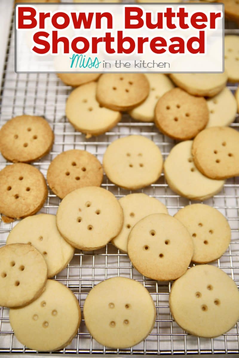 Brown sugar shortbread on a wire rack. Text banner.