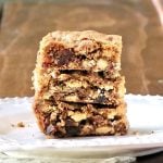 white chocolate date bars - 3 stacked on a plate