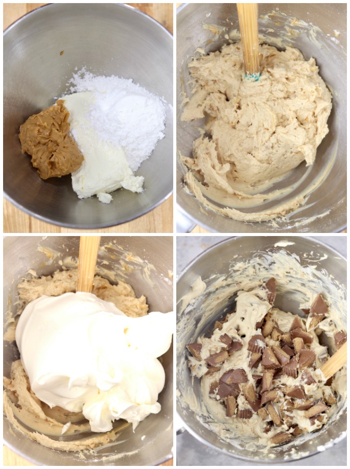 Making Peanut Butter Pie - peanut butter, cream cheese, powdered sugar, mixed, adding whipped topping, adding chopped peanut butter cups