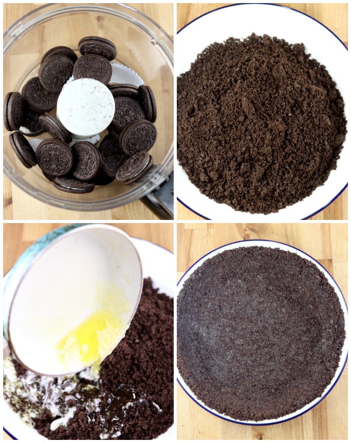 Photos to make Oreo Cookie Pie Crust, in food processor, in pie plate, mixing in butter, completed