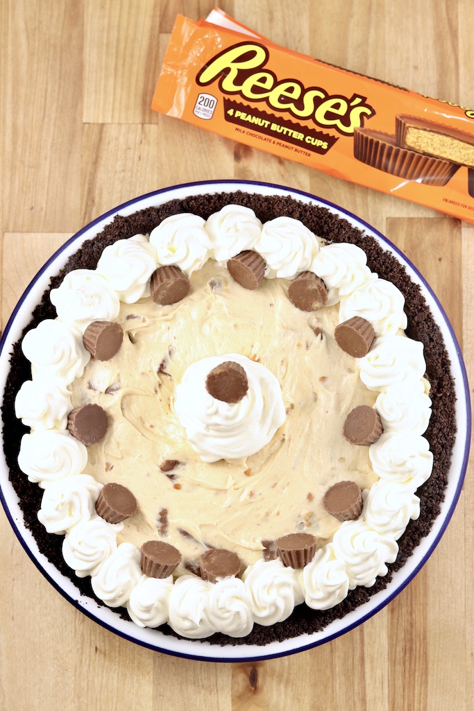 Whole peanut butter pie with Reese's Peanut Butter Cup package
