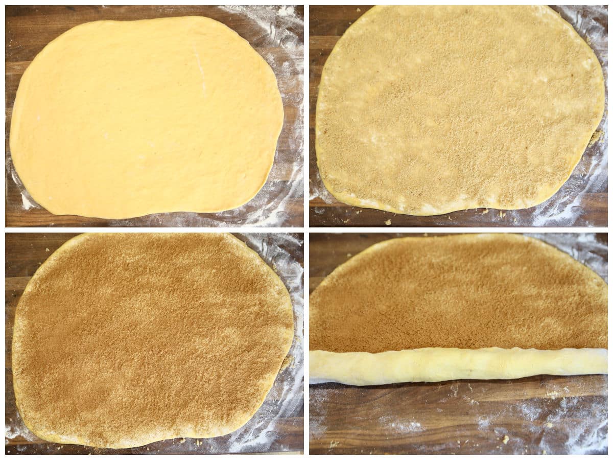 Collage: making pumpkin spice cinnamon rolls, rolling and shaping.