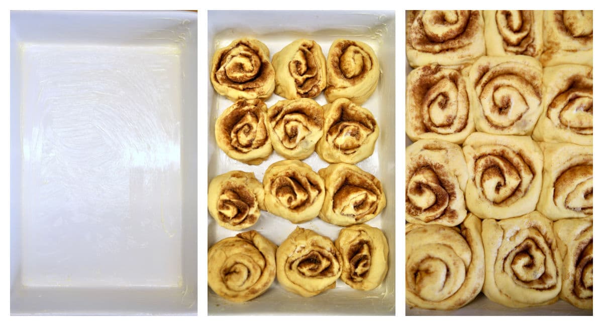 Collage: baking dish, cinnamon rolls, risen.