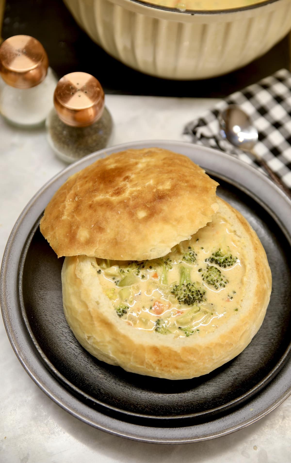 Bread bowl with broccoli cheese soup. 