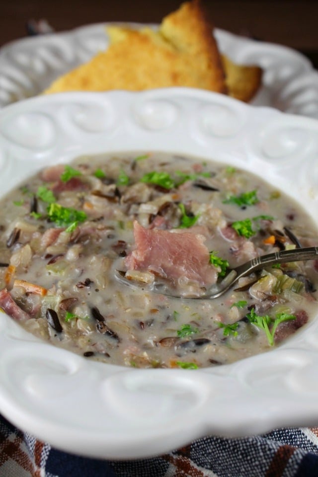 Creamy Ham and Wild Rice Soup Recipe. Delicious for leftover holiday ham. From MissintheKitchen.com