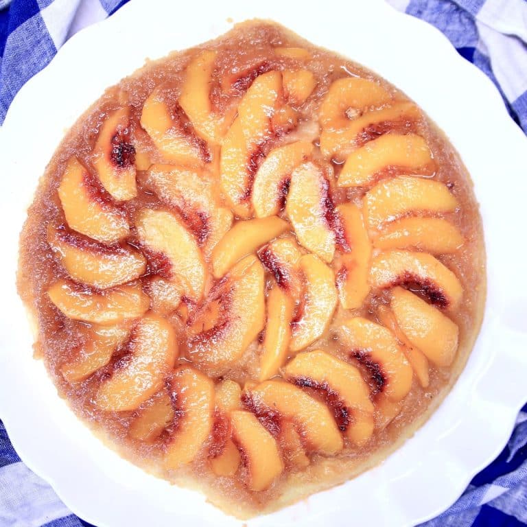 Overhead view of peach upside down cake.
