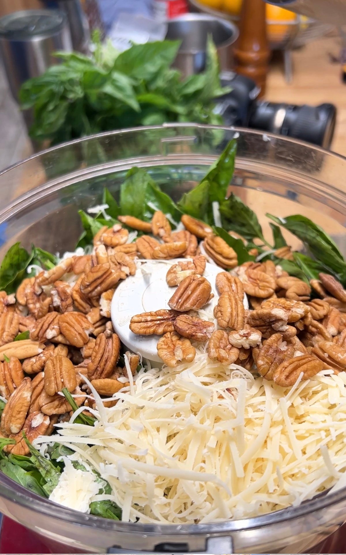 Food processor with basil, parmesan and pecans for pesto.