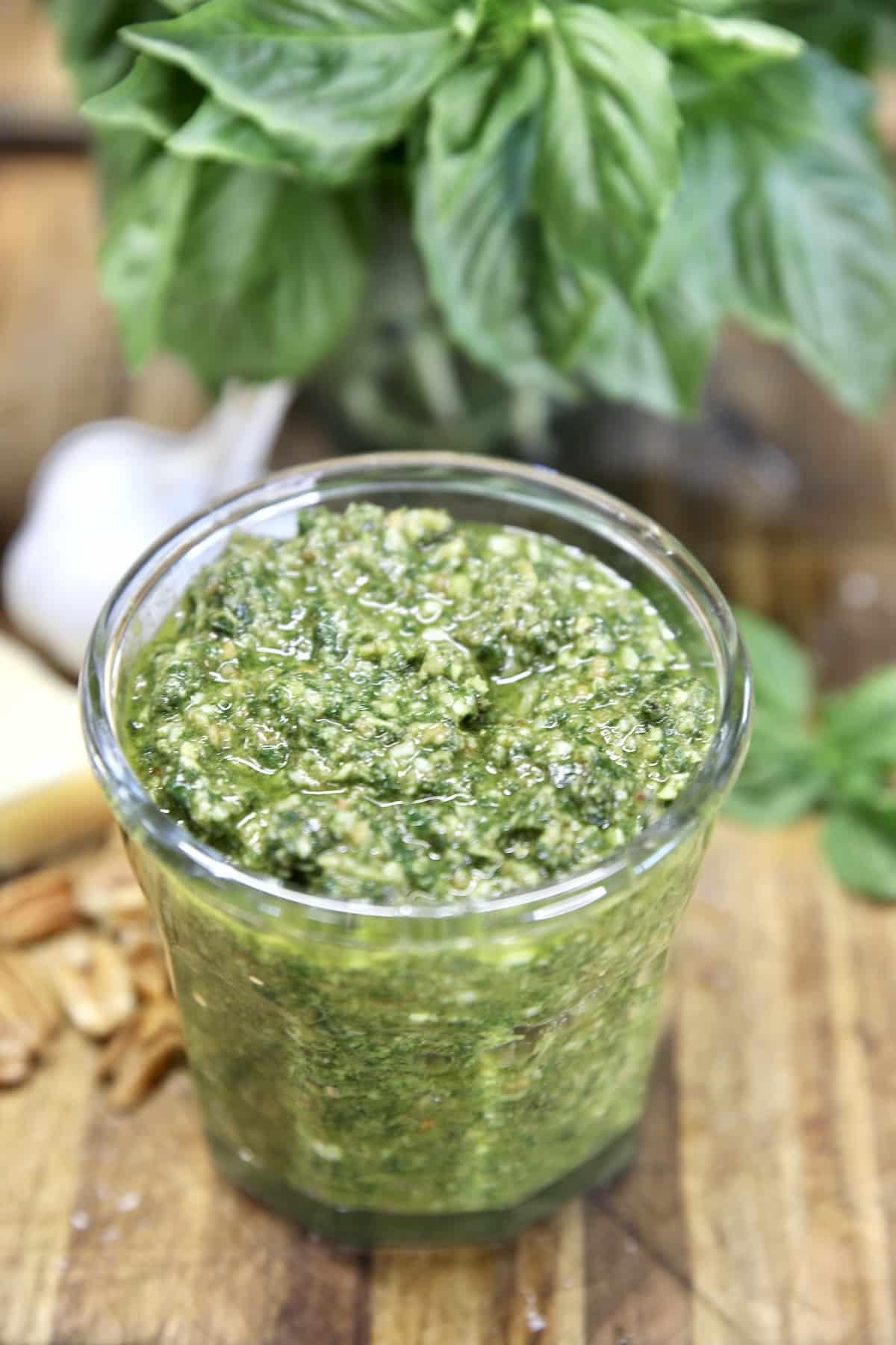 Jar of basil pesto.
