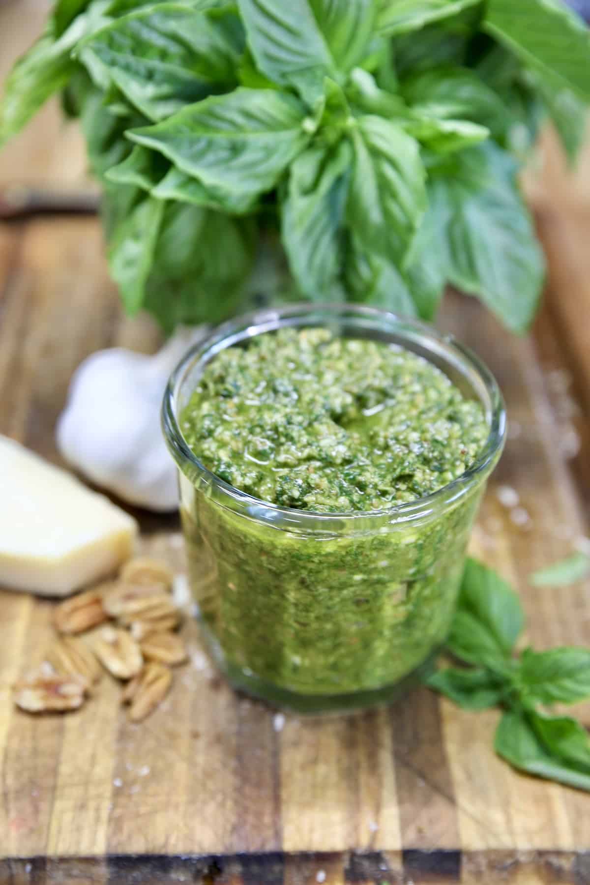 Jar of basil pesto with fresh basil, pecans and garlic. 