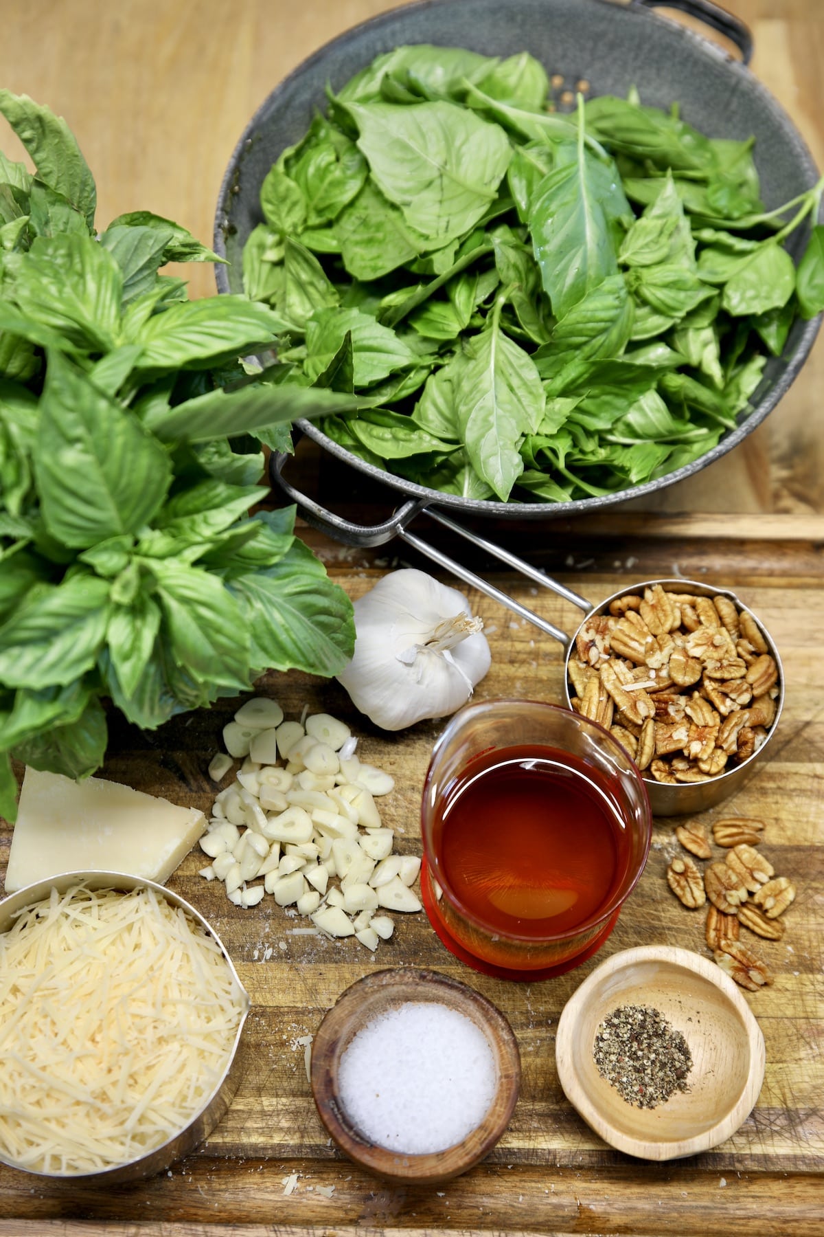 Ingredients for basil pesto.