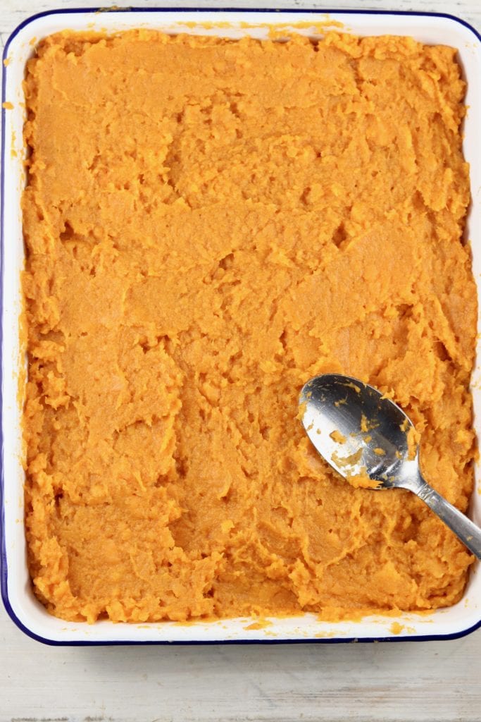 Sweet Potato Casserole in a pan