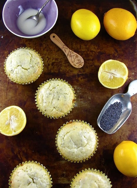 Meyer Lemon Poppy Seed Muffins on board beside poppy seeds and fresh lemons