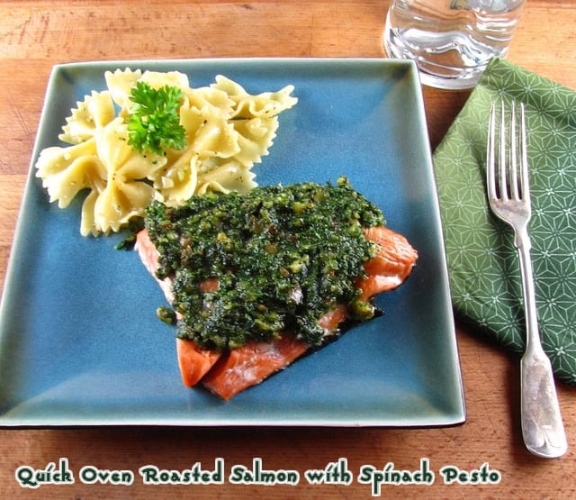 Salmon With Spinach Pesto And Bowtie Noodles On Plate