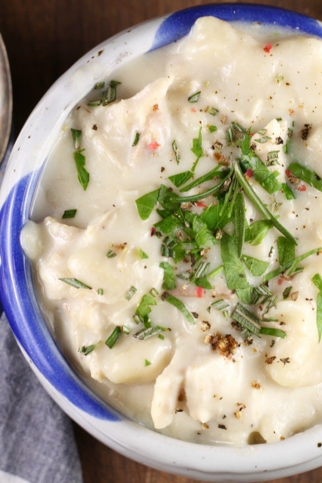 Homemade Chicken and Dumplings Recipe ~ Best comfort food recipe for a cold winter night! From MissintheKitchen.com #comfortfood #chicken #dumplings