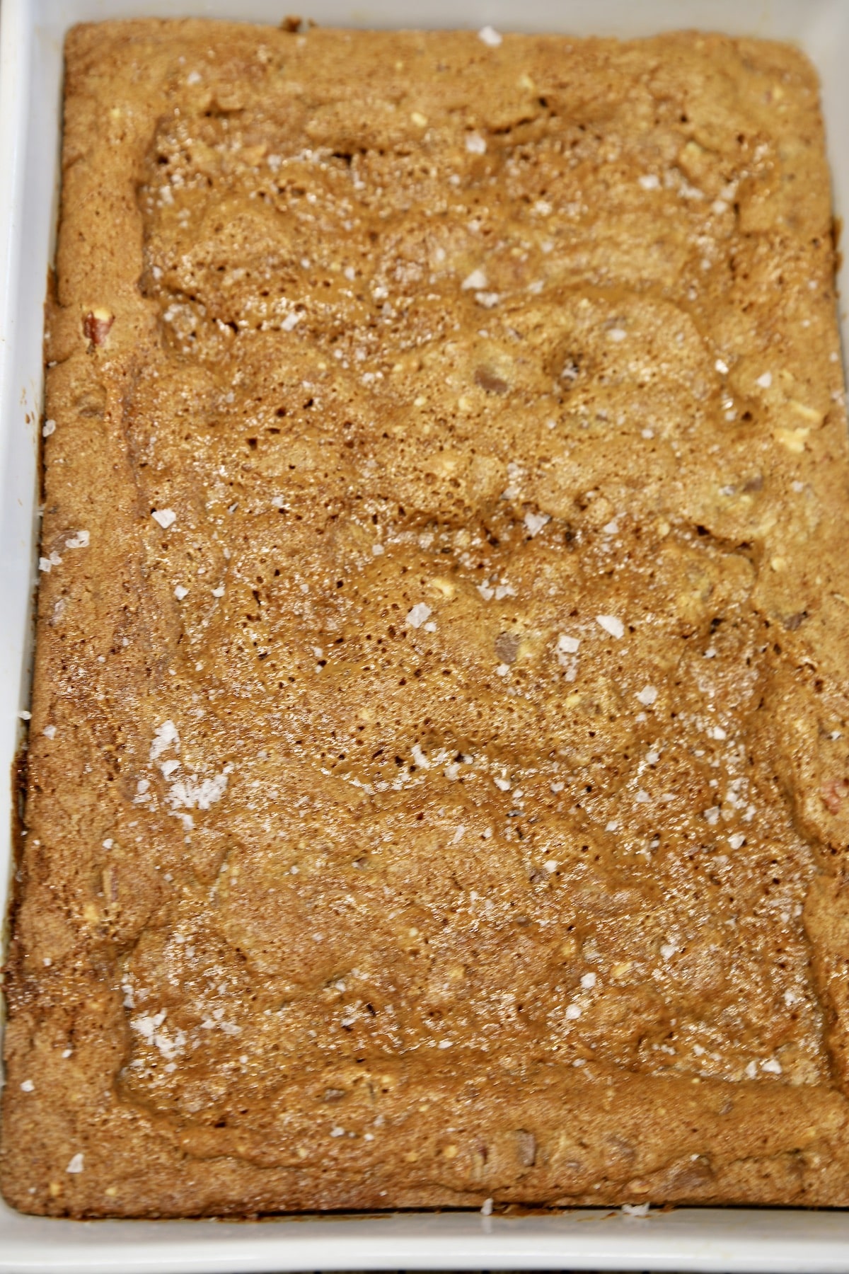 Chocolate chip caramel bars in a baking dish.