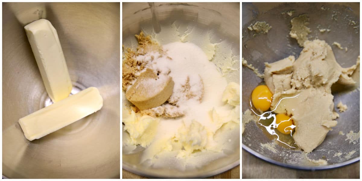 Collage making cookie dough with butter, brown sugar and eggs.
