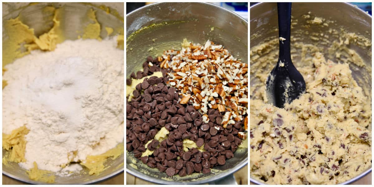 Chocolate chip cookie dough with pecans. 