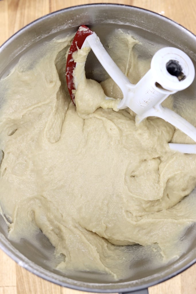 Coffee cake batter in a bowl with beater
