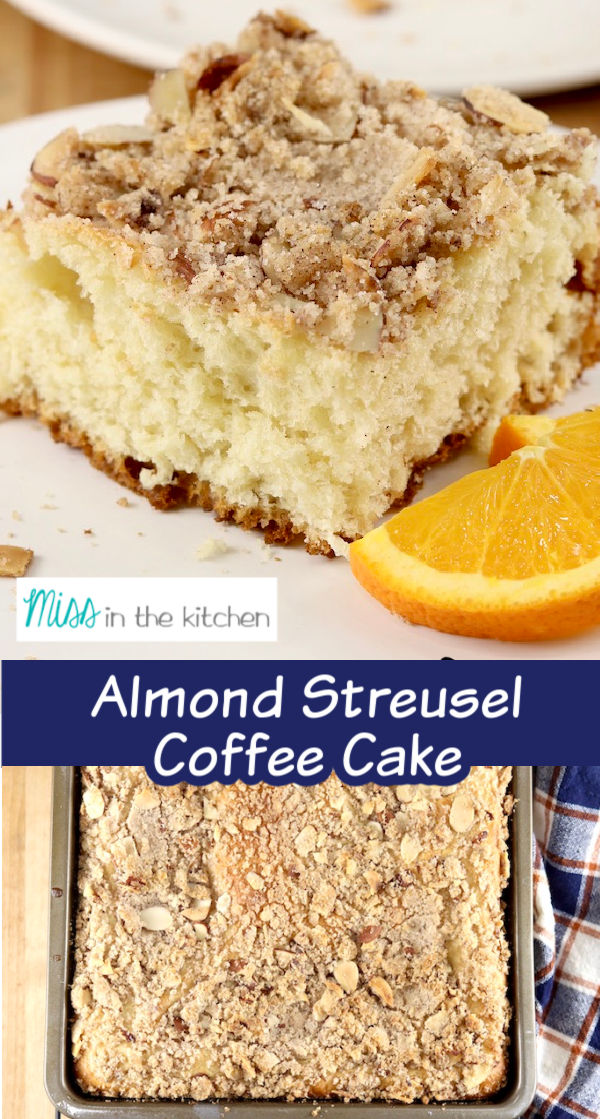 Collage of coffee cake slice and closeup of cake in pan - text overlay