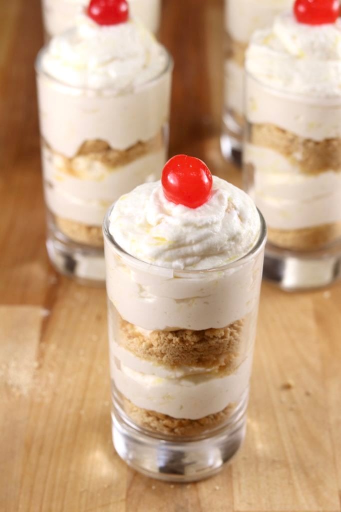 No Bake Pineapple Cheesecake topped with a cherry