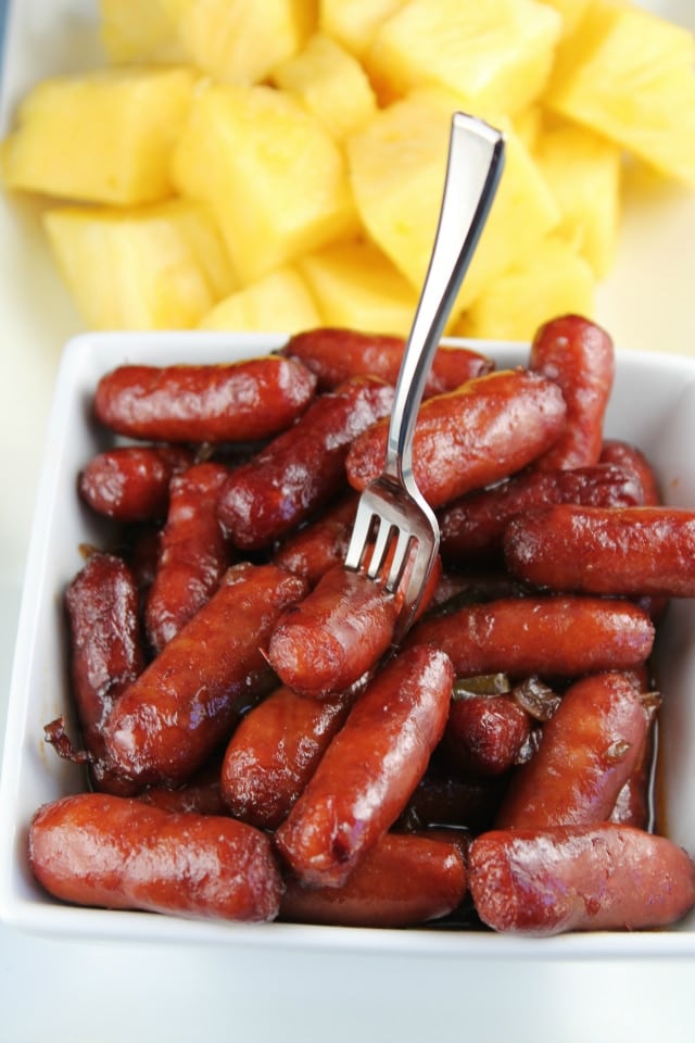 Little Smokies with Grape Jelly Chili Sauce crock pot recipe served with pineapple