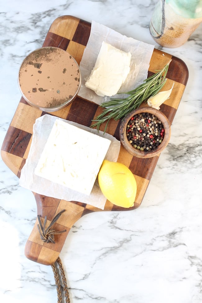 Ingredients for Whipped Feta Spread with garlic, rosemary and lemon
